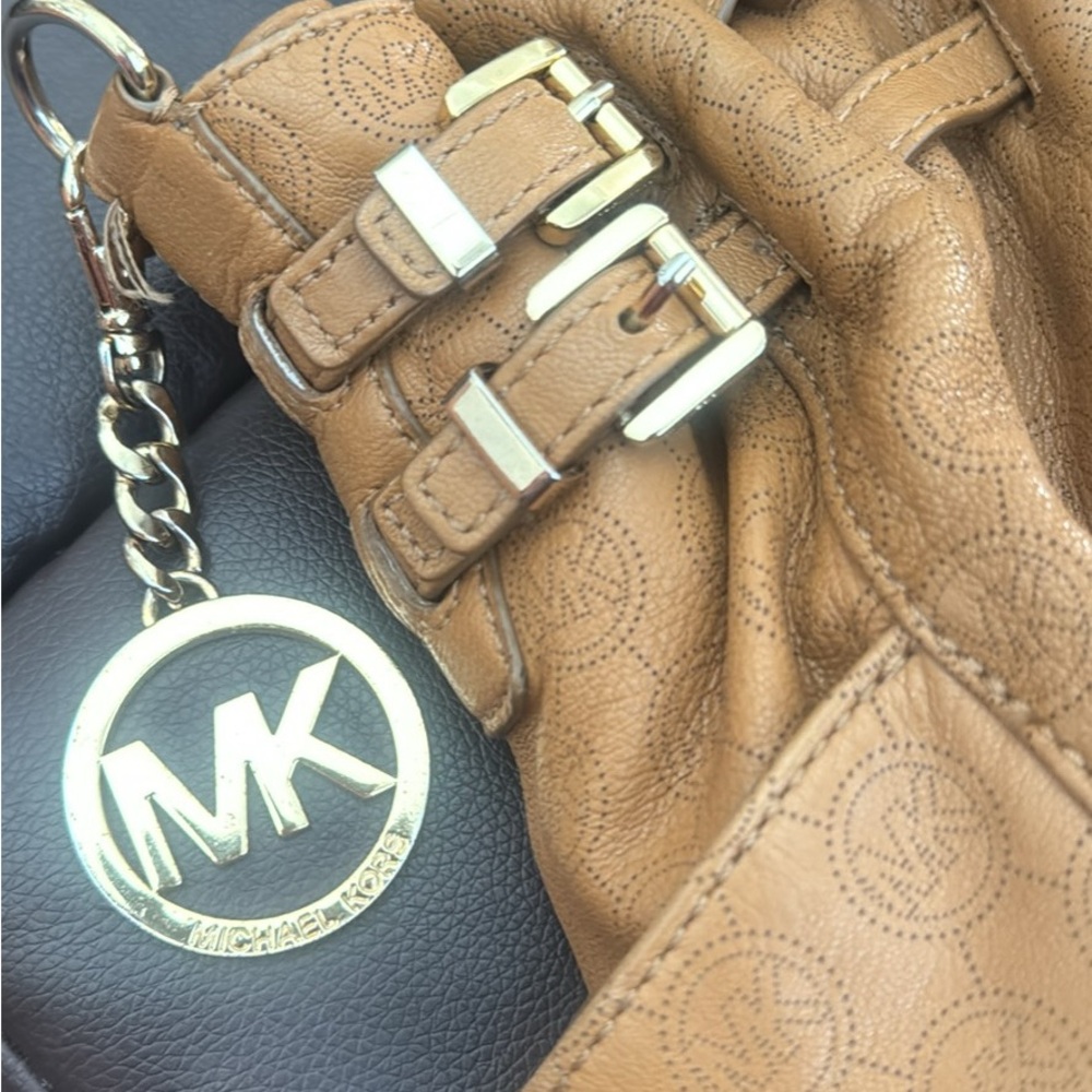 Michael Kors Tan Leather Drawstring Tote with Gold Hardware. Originally $428 - Picture 4 of 8